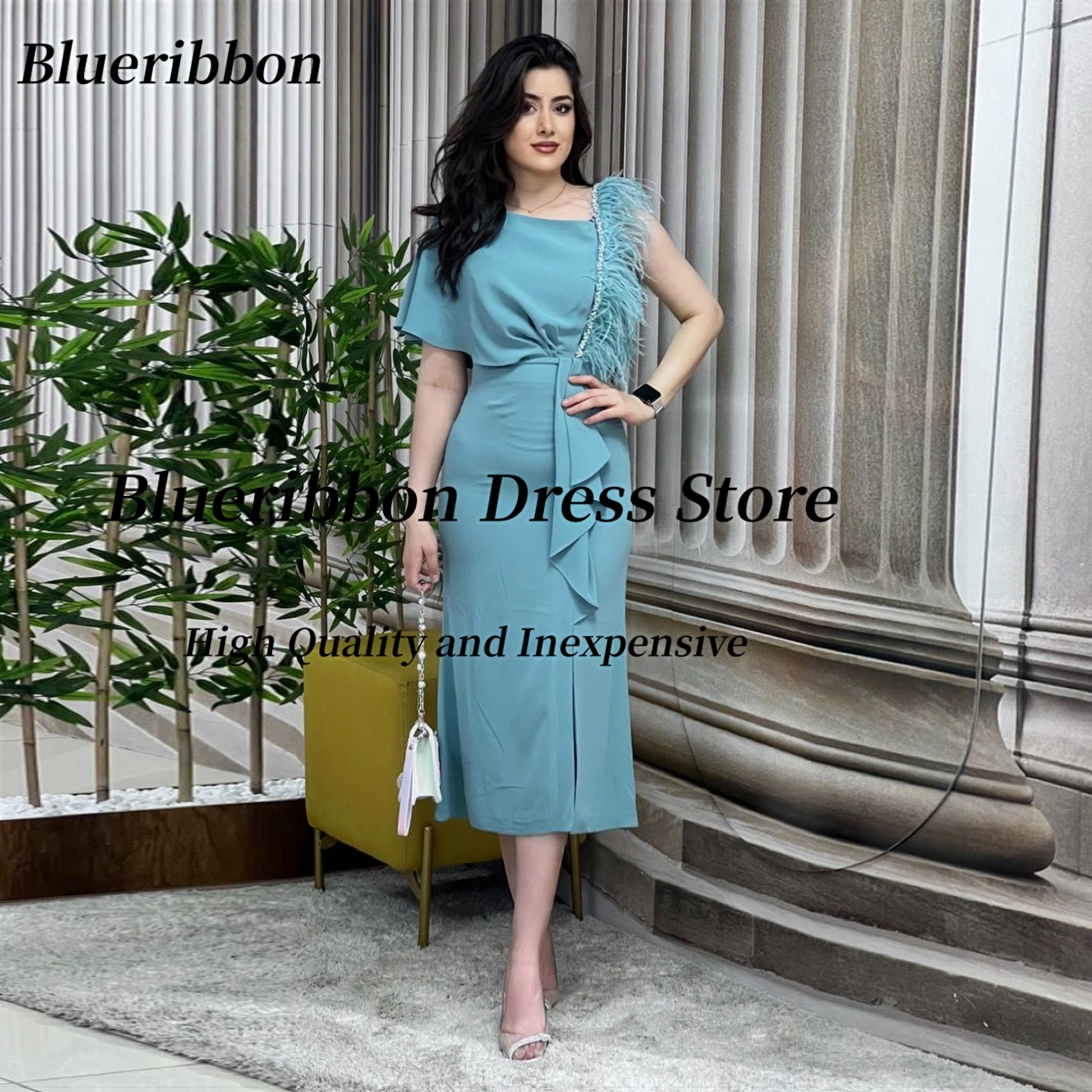 

Blueribbon New Style Neckline Saudi Prom Dresses 2024 Bead Feathers Holiday Party Short Sleeve Evening Gowns Tea Length Vestidos