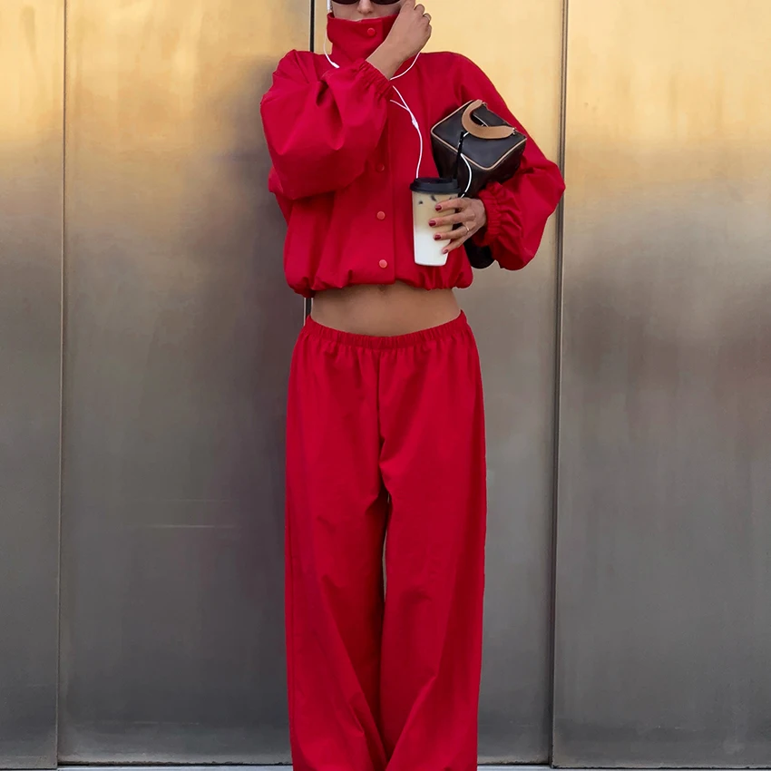 Red Casual Woven Elastic Women Suit 2 Piece Suit Stand Collar Button Down Long Lantern Sleeve Ruffle Hem Top Elastic Waist Pants