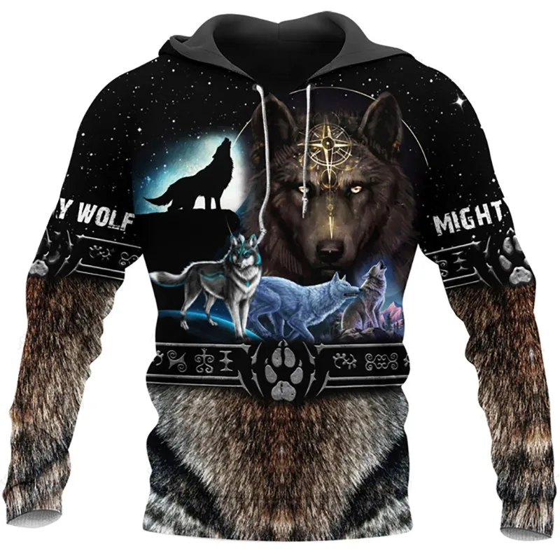 Men's Social Casual Wolf Print Hooded Vintage Clothes Luxury Sweatshirts Animal Pattern Leisure Comfortable Oversized Pullover