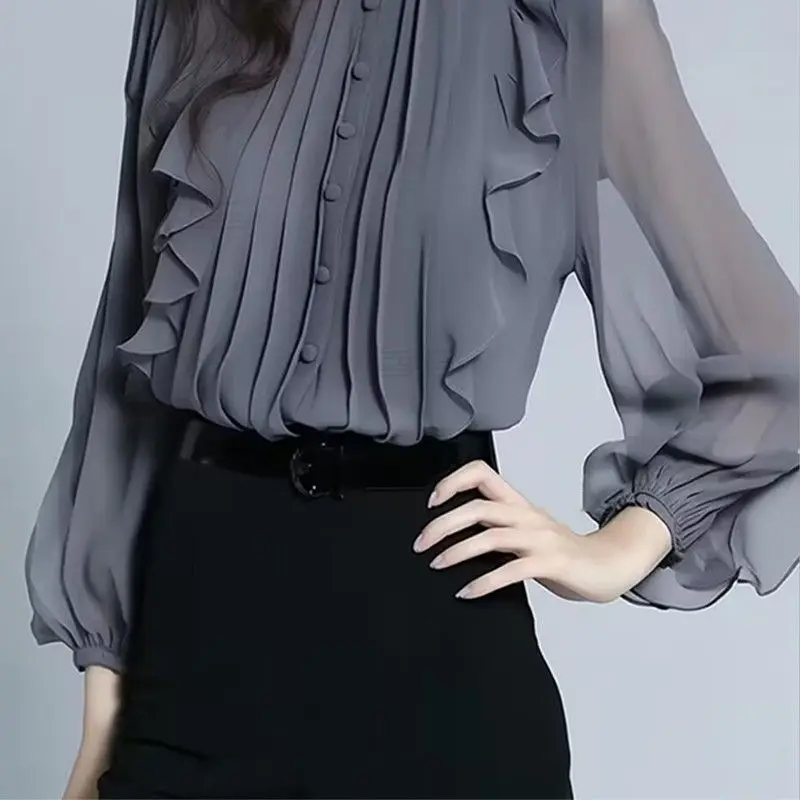 ربيع الخريف الإناث الشيفون الوقوف طوق قميص المرأة موضة جديدة الراقية نمط تكدرت بلوزة للسيدات