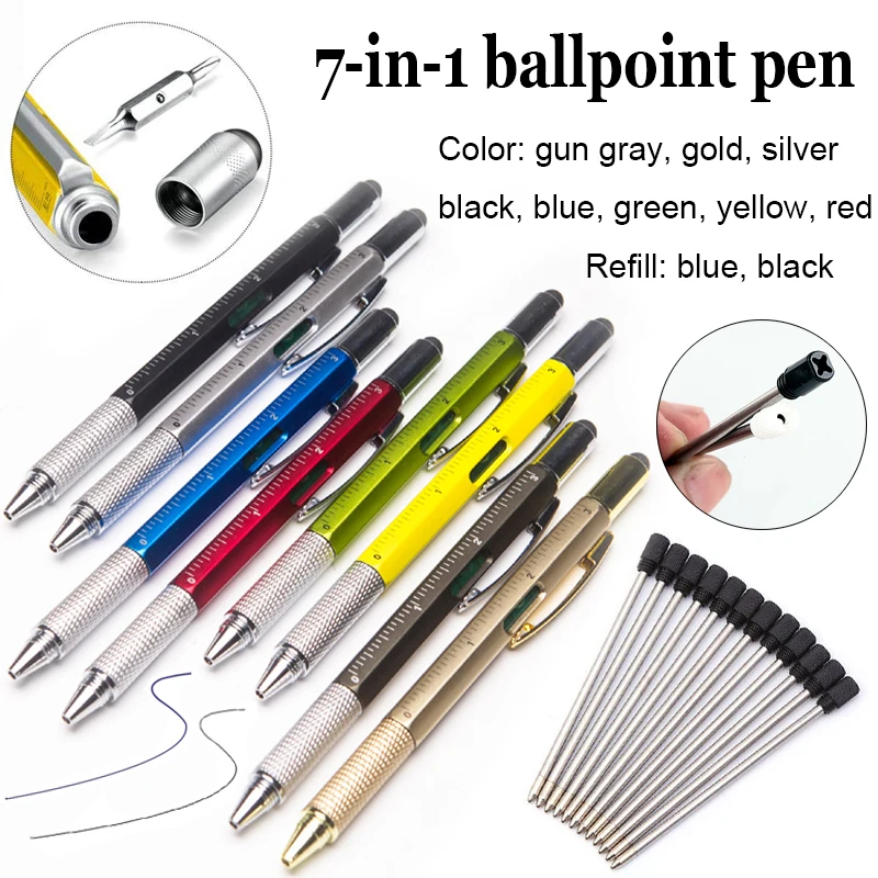 

5/10pcs 7in1 Multifunctional Ballpoint Pen Hand Tool Measuring Technology, Ruler, Screwdriver, Touch Screen Stylus, Spirit Level