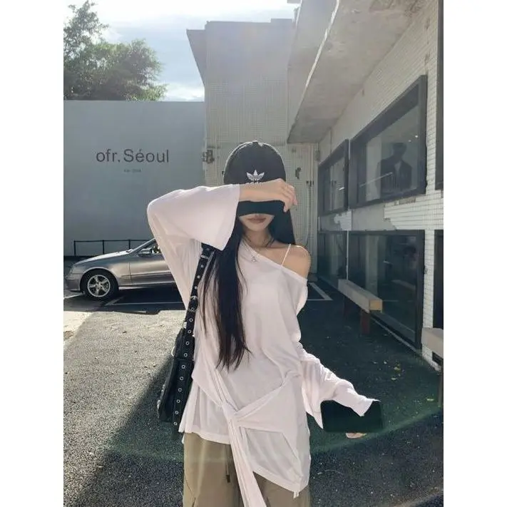 White Off-Shoulder Long-Sleeve T-Shirt Women's Autumn Lazy Style Design Sense Tie-Dye Sunshade Cover up Top Thin Transparent