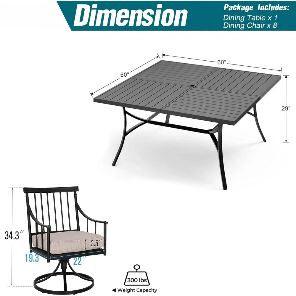 Outdoor Dining Table Set for 8, Square Wrought Iron Table & Heavy-Duty Steel Swivel Chairs with Cushions, Outdoor Tables