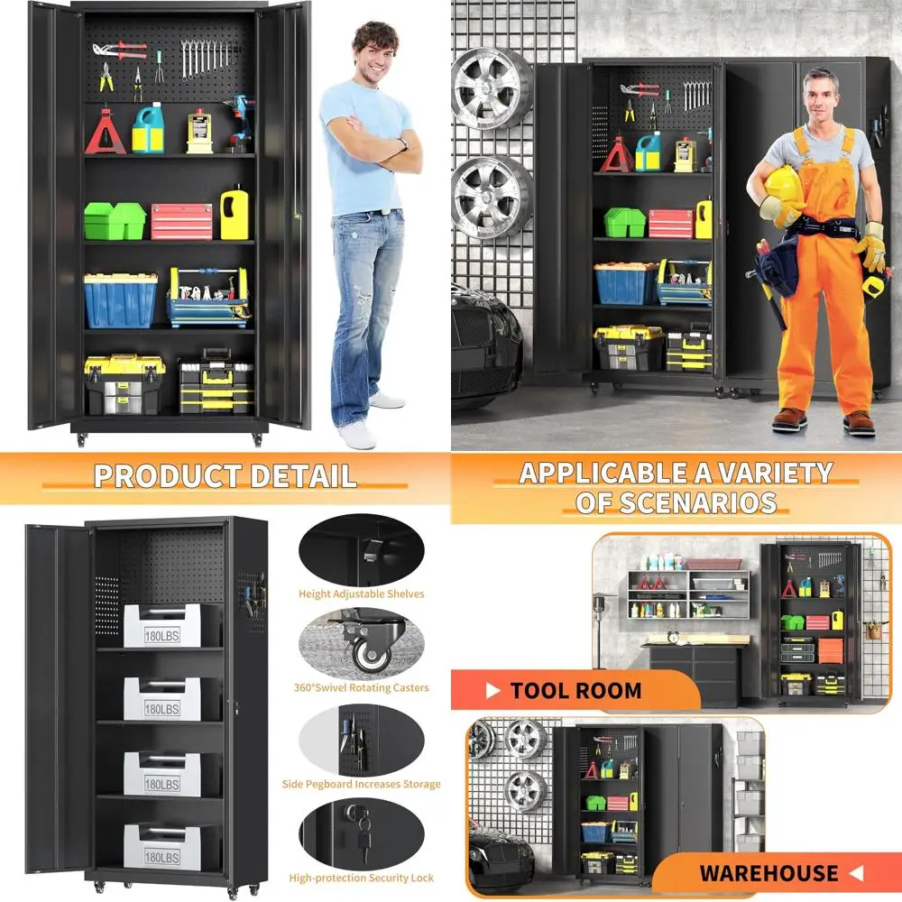 

Adjustable Shelves Locking Metal Garage Storage Cabinet with Wheels and Tool Storage Doors for Enhanced Organization