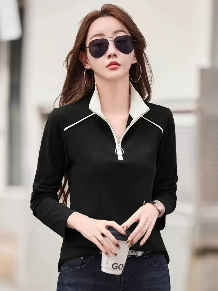 New Women Spring Autumn Cotton T-shirt Fashion Zipper Stand Collar Long Sleeve Loose Tees Tops Casual Basic Pullover T-shirt