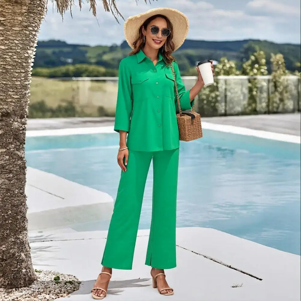 2025 المرأة القطن الكتان 2 قطعة الزي زر أسفل 3/4 كم قمصان و شق بنطال ذو قصة أرجل واسعة مجموعة عادية فضفاض صالة رياضية