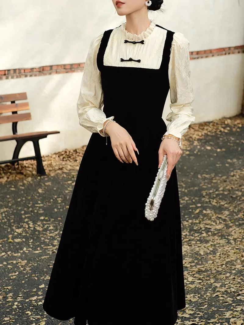 

Женское модное платье Hebden Sle Bla Splicing Long Dr Deer And Roses с высокой талией, осенне-зимнее, в нежном стиле