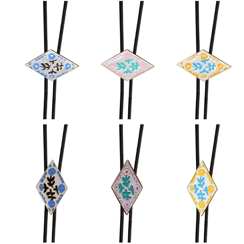 Enamel Flower Bolo Tie Diamond Pendant Leather Necktie Adjustable Necklace