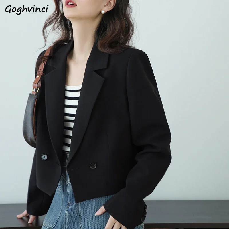 Blazers Women Korean Fashion Casual All-match Simple Solid Chic Profession Style Vintage Cropped Outwear Students Spring Basic