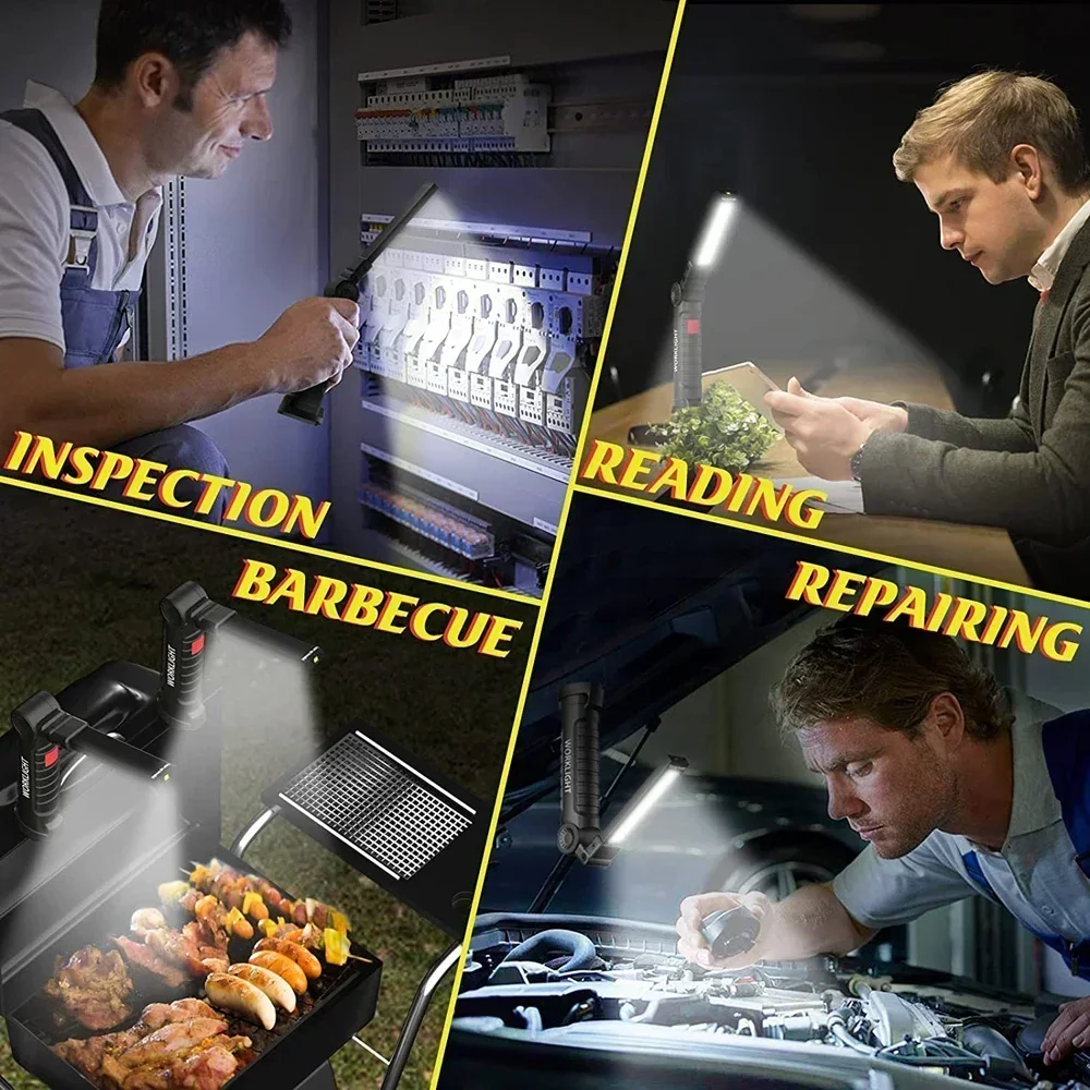 COB LED Work Light Dimmable USB Rechargeable 18650 Battery LED Flashlight Inspection Lamp with Magnetic Hook Power Bank Torch