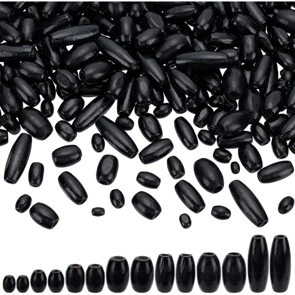

350pcs 7 Sizes Black Oval Wood Beads for Bracelet Jewelry Making DIY Crafts Home Decor