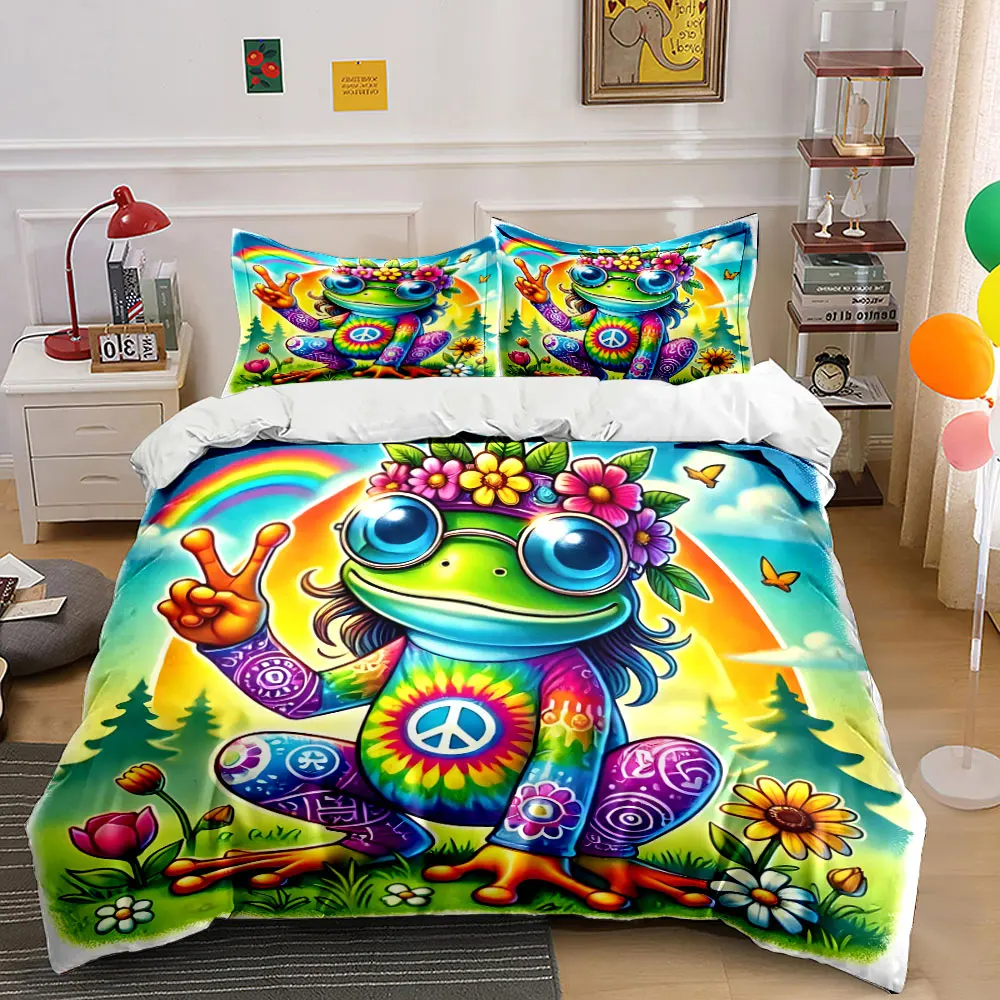 Hippie-style rainbow frog with peace symbol Printed Duvet Cover Set1 Duvet Cover+2 PillowcaseMulti Size Bedroom Bedding Decor