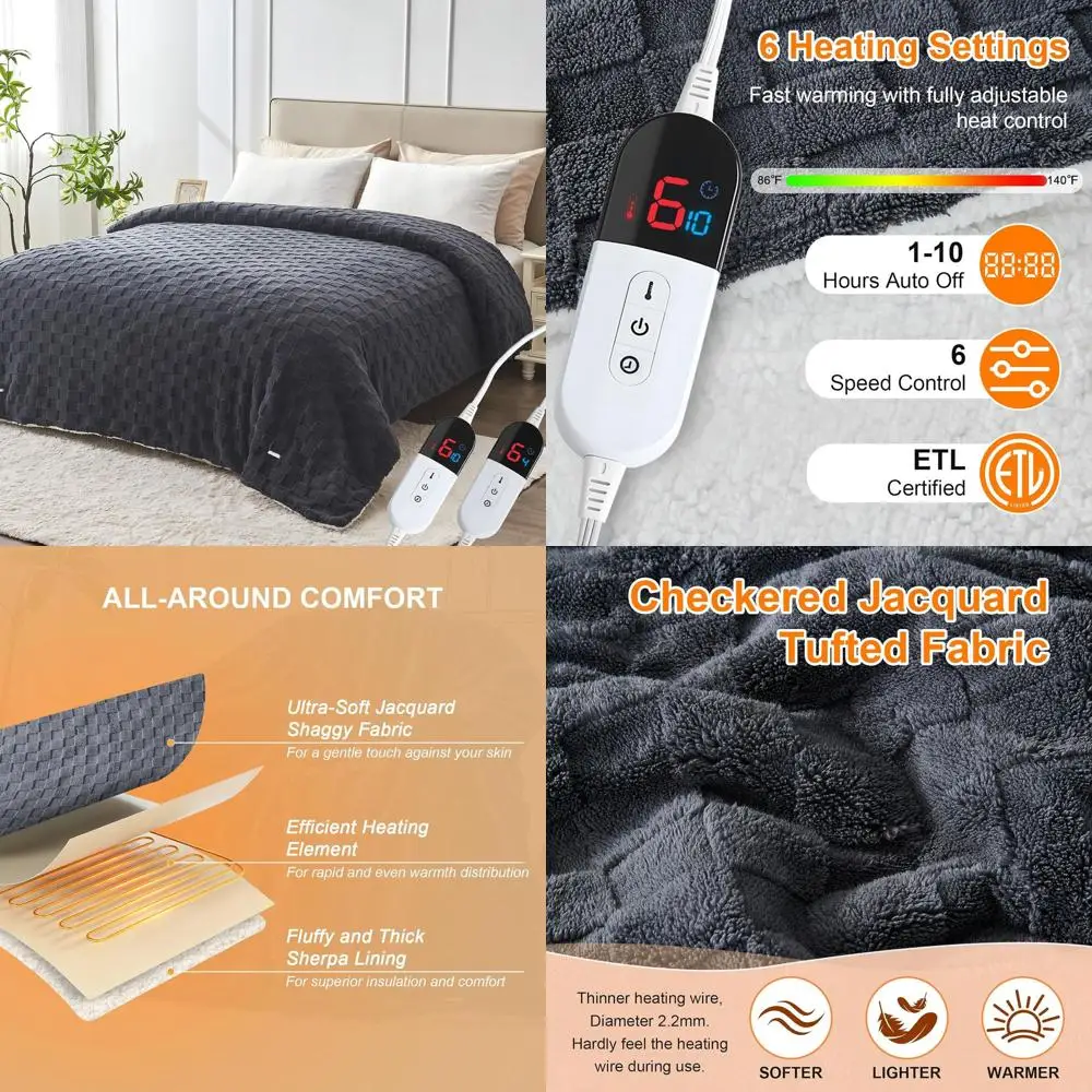 

Queen Size Electric Heated Blanket with Dual Controls, 84x90 Jacquard Sherpa, 6 Heat Levels, 10-Hour Auto Off, Overheat Protecti