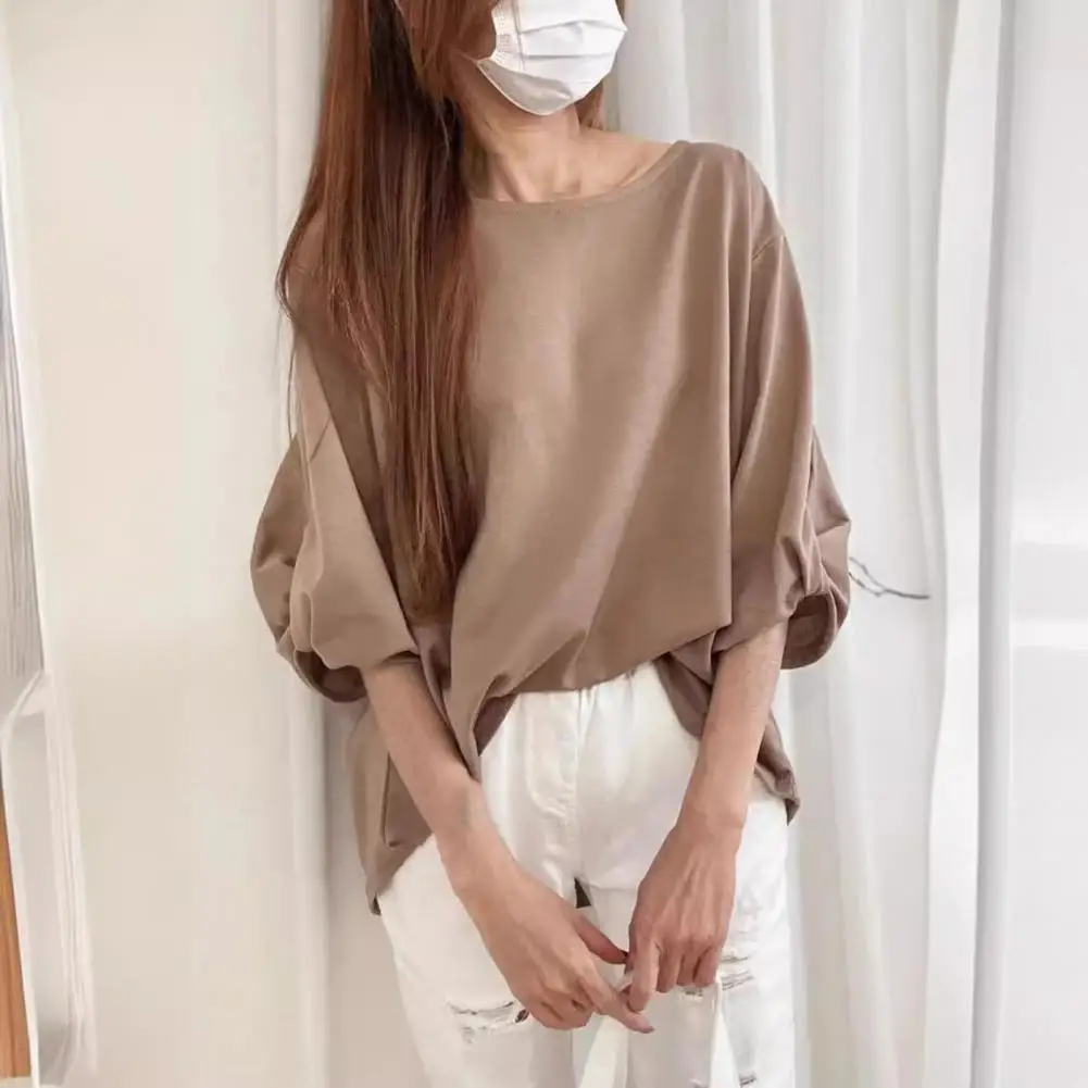 

Casual Women Top Stylish Women's Summer Tops Round Neck Three-quarter Sleeve T-shirt with Knotted Cuffs Solid Color for Summer