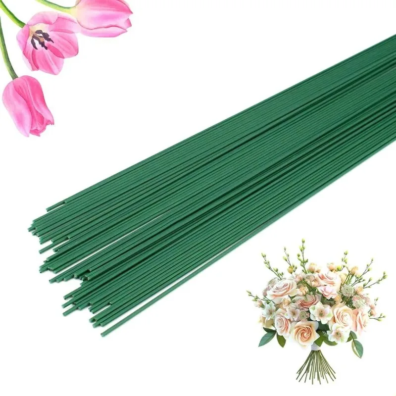 2# Coated Floral Wire Stems 40cm 32Pcs, Green Stem Wire for DIY Handmade Flower Wedding Bouquet Decor, Bendable Anti-Rust Wire