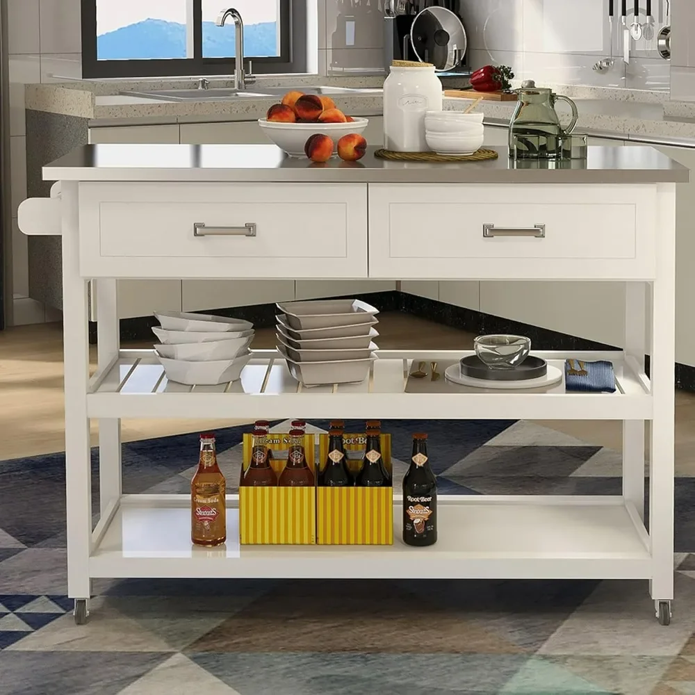 Kitchen Island 47’’ Stainless Steel Top Rolling Utility Cart on Wheels with Drawers and Storage Shelves