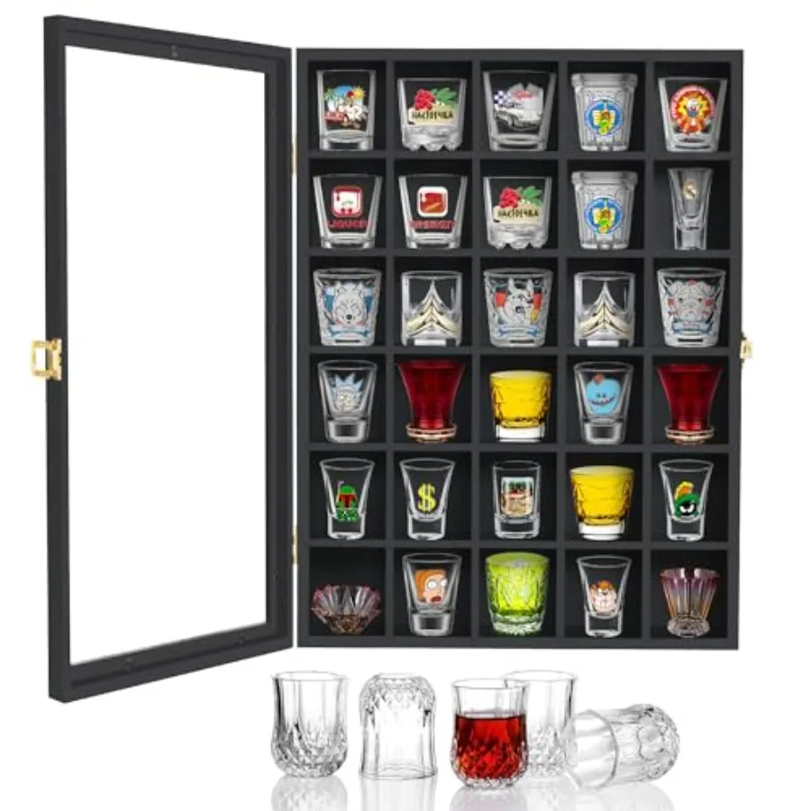 

30 Shot Glass Display Case Wall Mounted, Shot Glass Holder with Door and Removable Shelve, Shot Glass Storage for Home Bar Deco