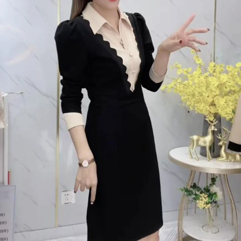 Vestido pequeño con cuello camisero para mujer en otoño e invierno nueva falda ajustada de longitud media ajustada a la cintura