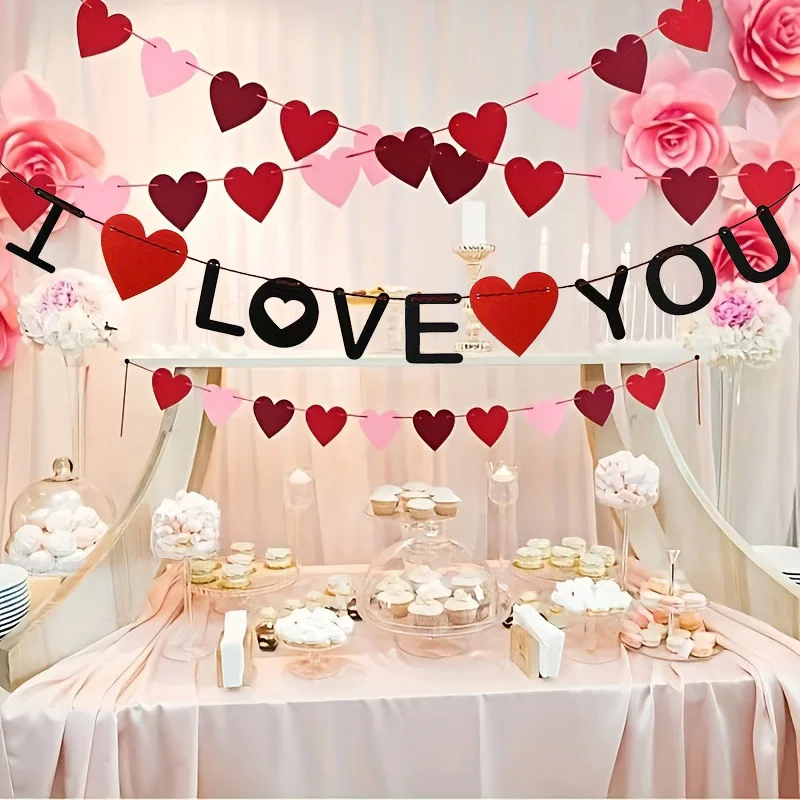 1set I Love You Felt Banner Anniversary Party Decoration Love Heart Valentine's Day Banner Valentine's Day Decoration Supplies