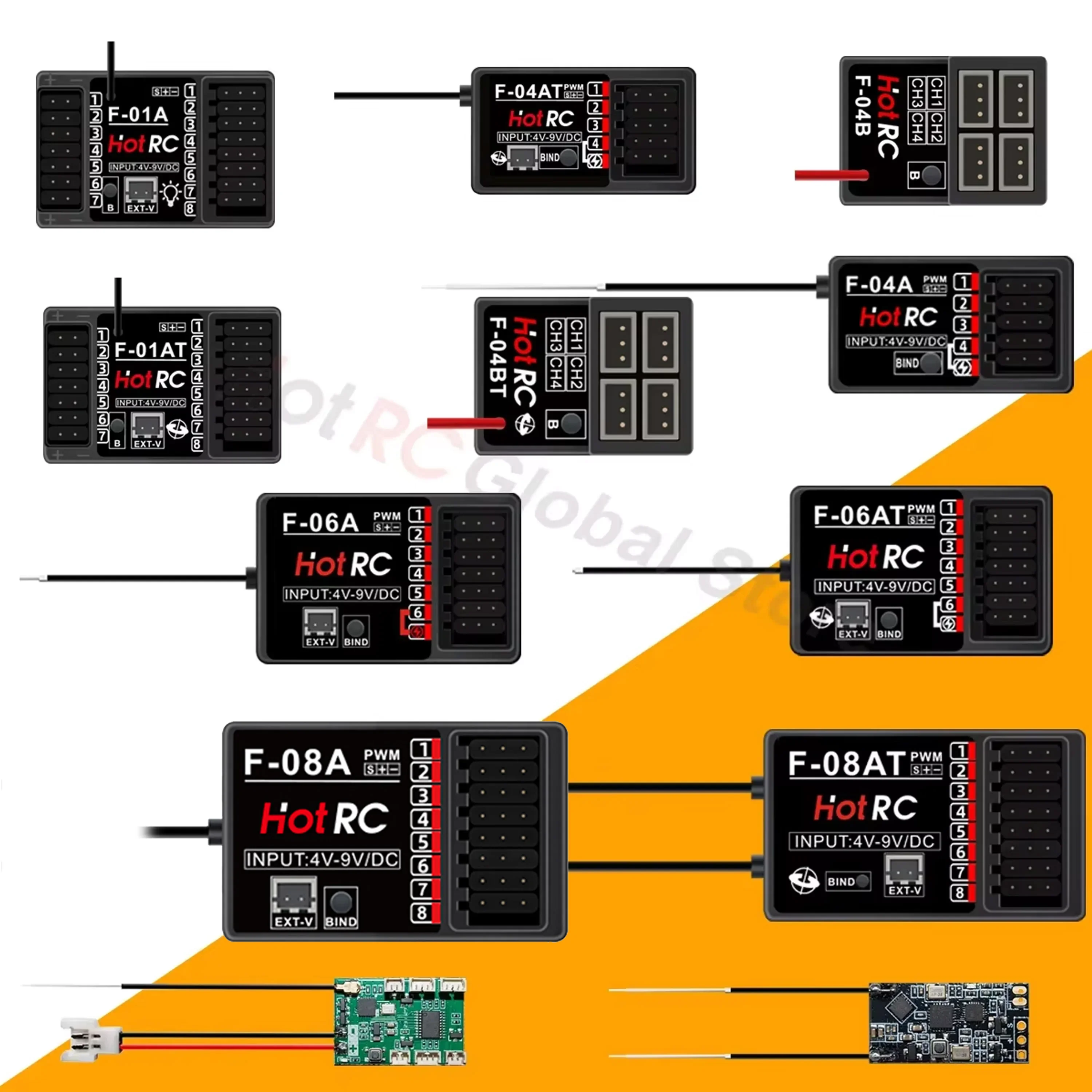 HOTRC 2.4Ghz 4/6/8 Channel Receivers F-04A F-04BT F-06AT F-08A with/without Gyro Light Control for Transmitter Remote Control