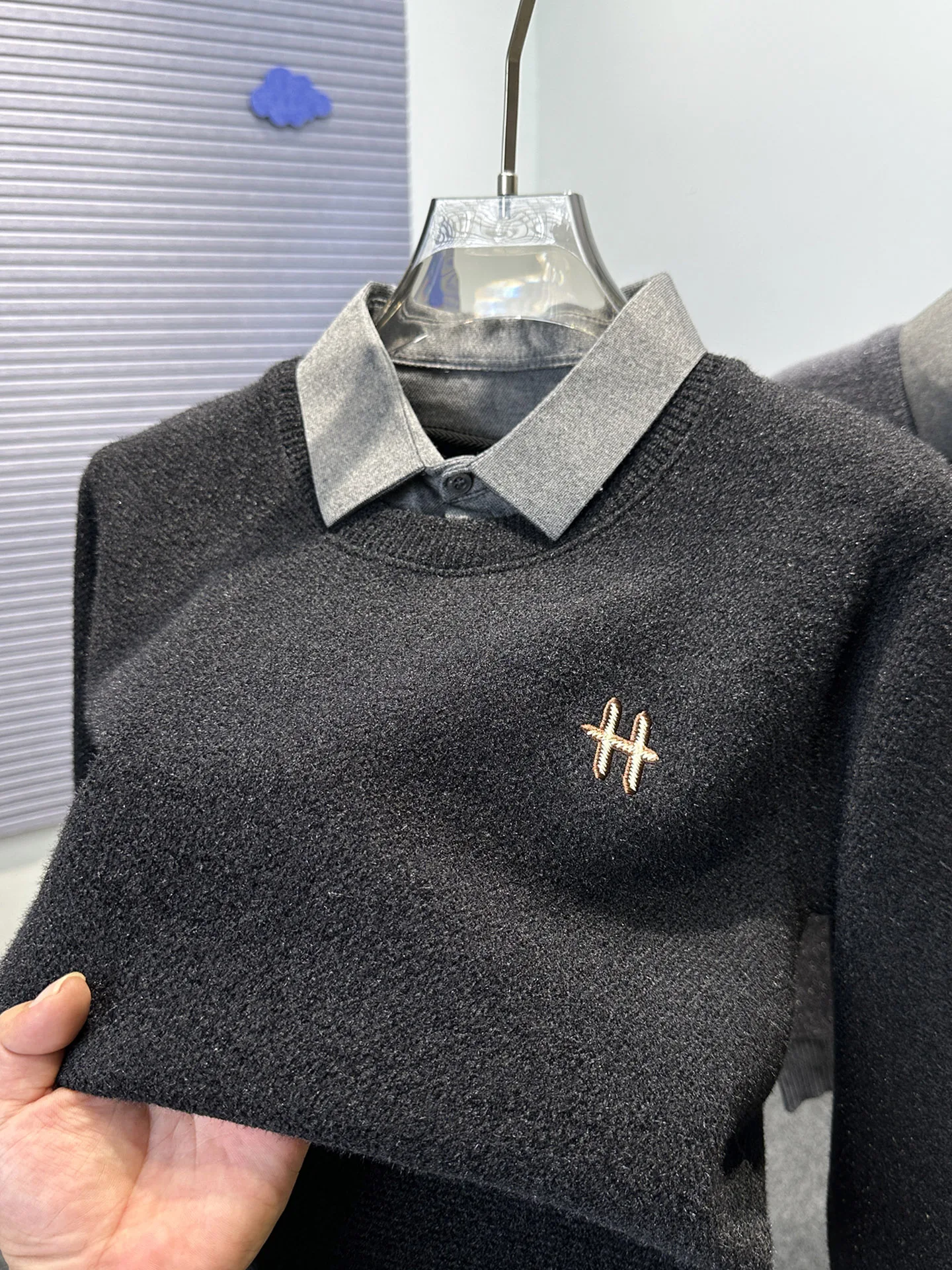 

Thiened Fce Inner Knitted Sweater Men's Autumn Winter Warm Long Sve irt Collar Fake Two-Piece Casual Sle Knitwear