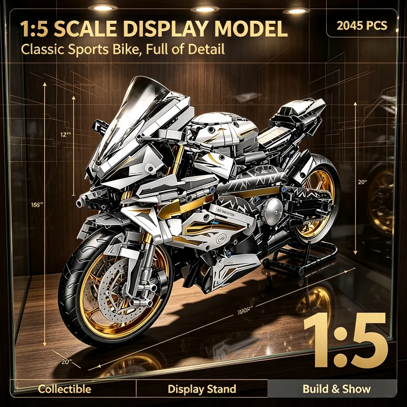 1:5 Scale Sports Motorcycle Building Blocks Set 2045 Pcs Classic Detailed Bike Model with Display Stand Collectible Bricks Toy