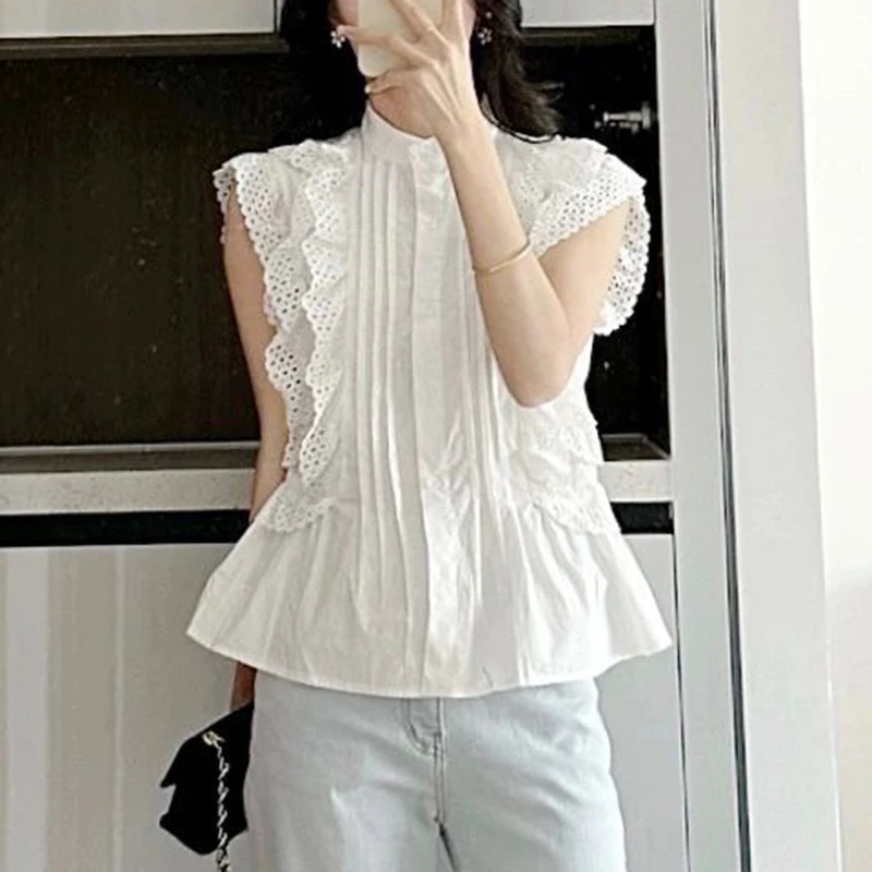 Flying Sleeve Ruffled Lace Shirt Women Summer New Elegant Sleeveless Tops Casual Slim Button Vintage Blouse Woman Fashion 27709