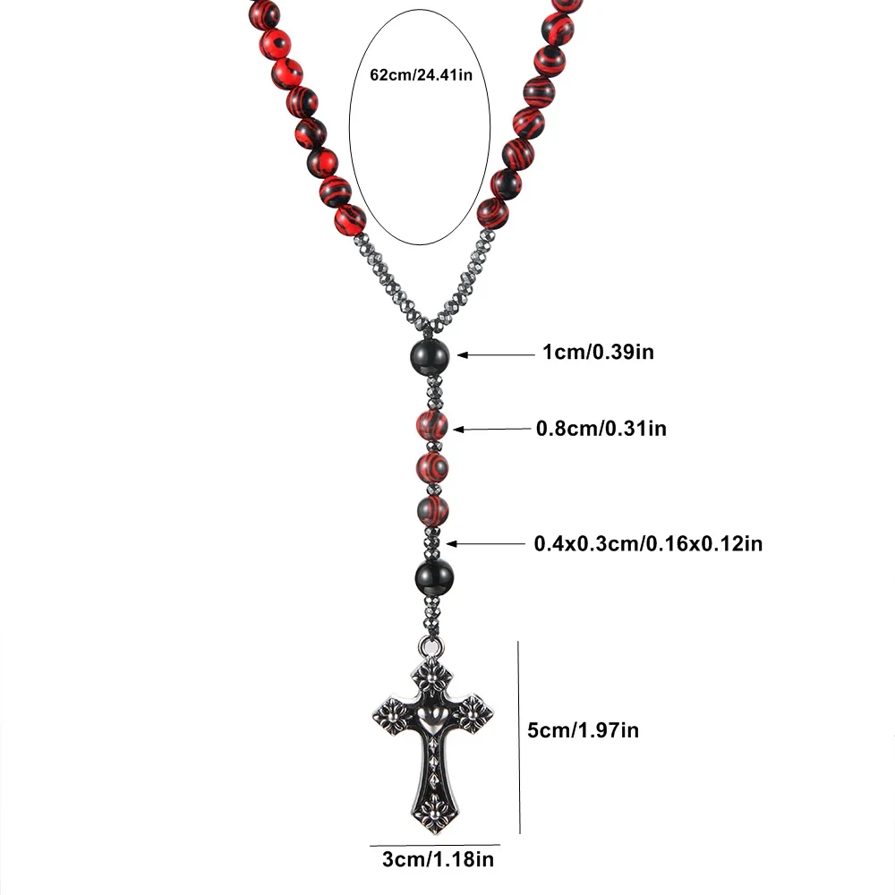 8mm Red Stone Beaded Necklace with Cross Pendant for Men and Women