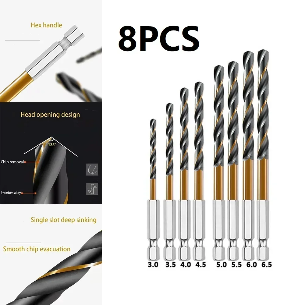 8PCS HSS High Speed Steel Titanium Coated Drill Bit Set 1/4 Hex Shank 3-6.5mm Hexagonal Handle Twist Drill For Metal Drilling