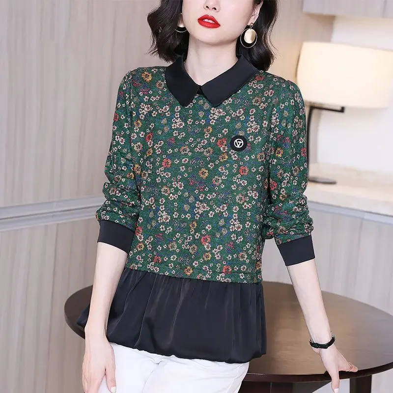 Female Interior Loose Spring and Summer Covering Belly Exuding Fashion Vibe Versatile Floral Patchwork Long Sleeved T-shirt Top