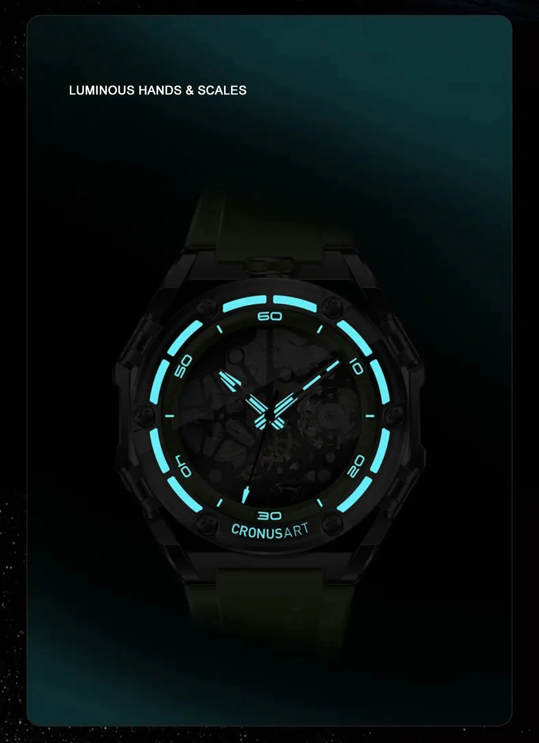 

CRONUSART Мужские автоматические часы 43 мм Спортивные механические наручные часы Фторкаучуковый ремешок Углеродистая сталь + акриловый корпус Светящийся