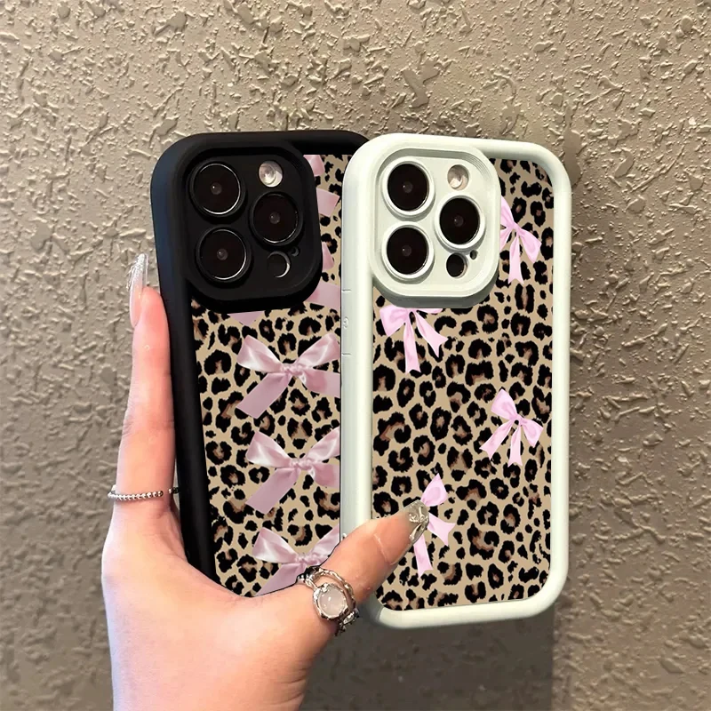 Leopard Print Pink Bow Phone Case For Samsung Galaxy S25 S24 S23 S22 S21 Ultra FE Plus A53 A35 A34 A33 A25 A24 A16 Soft Cover