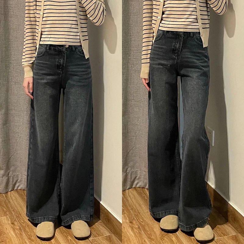 ハイウエストストレートレッグワイドレッグジーンズグレー女性の春秋プラスサイズ痩身ズボンジッパー閉鎖マルチポケット