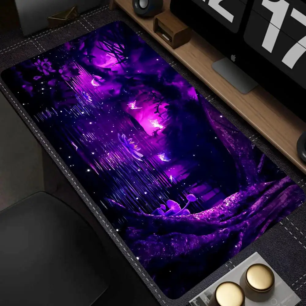 Purple  Fantasy Flower Butterfly Large Mouse Pad, Starry Night Galaxy Pattern Desk Mat, Non‑Slip Rubber mouse pad mouse pad