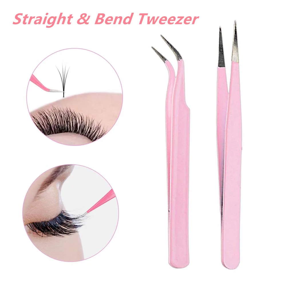 1/2PC Stainless Steel Pink Straight+Bend Tweezer For Eyelash Extension Anti-static Eyelash Eyebrow Tweezer Nail Art Picking Tool