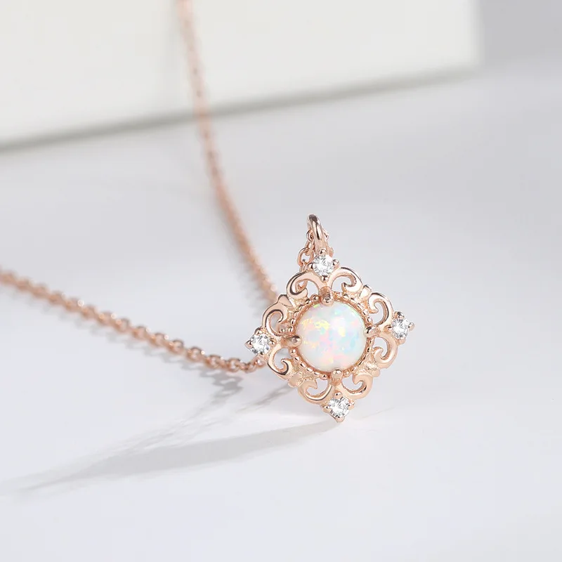 

MOVESKI 925 Sterling Silver Square Engraved Textured Opal Pendant Necklace Fashion Personality Gift Jewelry Accessories