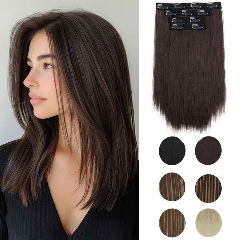 

14 Inch Synthetic Short Straight Hair Extension Clip in Black Blonde High Temperature Fiber Hairpiece for Women