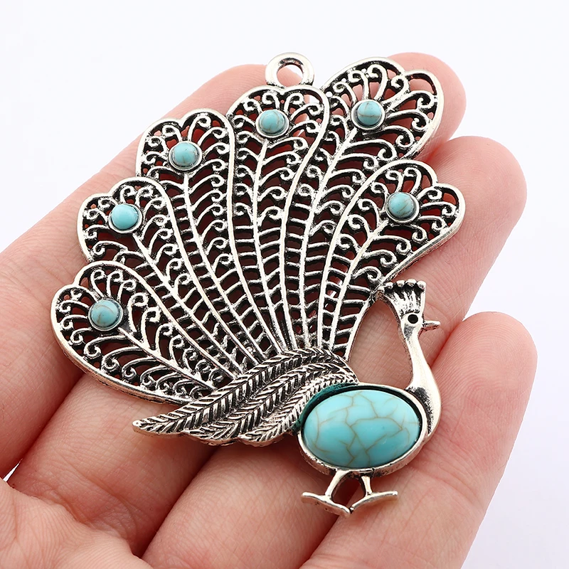 3 x Tibetan Silver Large Open Imitation Turquoise Peacock Charms Pendants For DIY Necklace Jewelry Making Findings Accessories