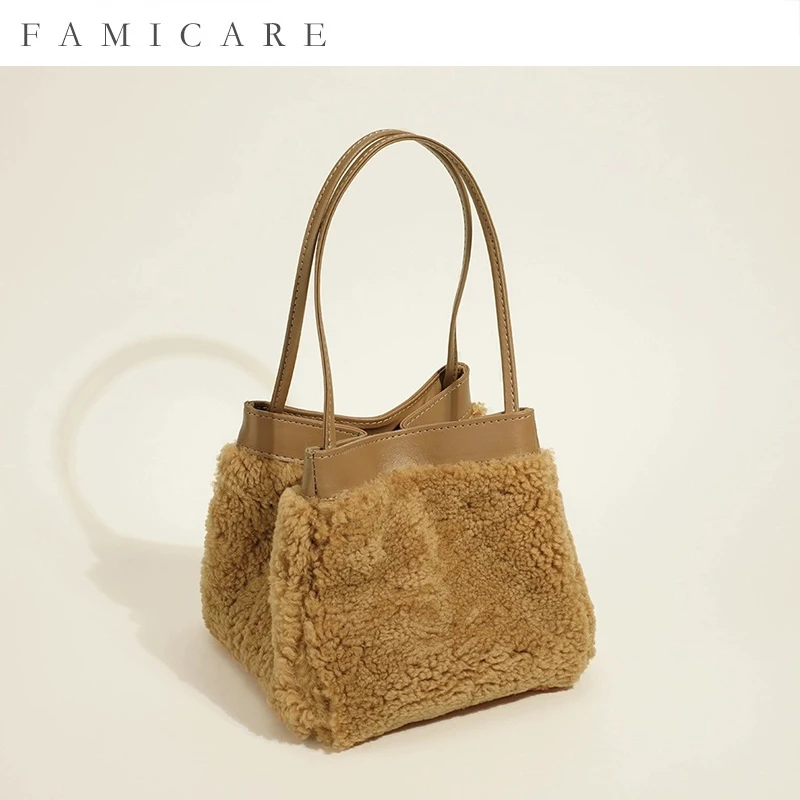 

Новая сумка из натуральной кожи с плюшем, уникальная милая сумка-ведро из овечьей шерсти, осенне-зимняя сумка через плечо, ручная сумка-тоут, модная маленькая женская сумочка