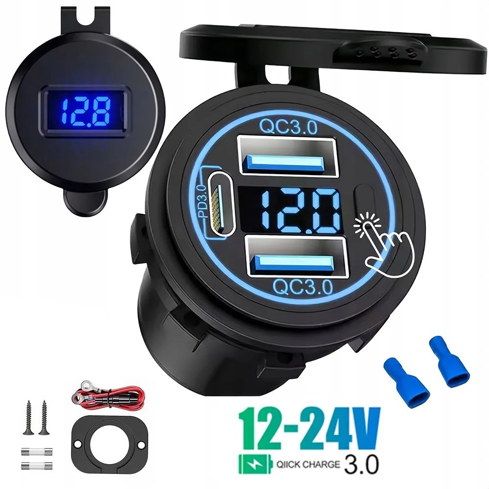 3-Port-Schnellladegerät mit Dual PD & QC 3.0 112W, Einbaubuchse für 12V 24V Motorrad, Boot, Marine, LKW, ATV