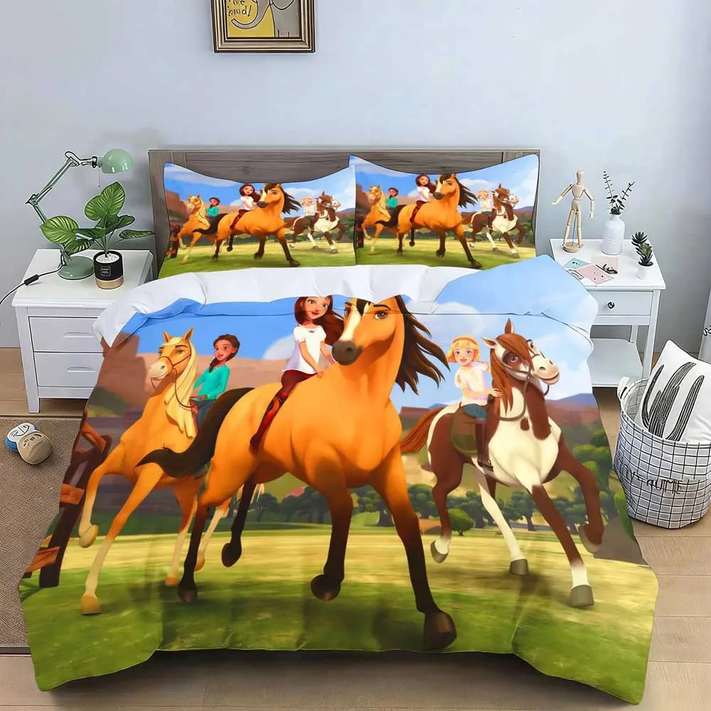 Spirit Riding Free Cartoon Horse Bedding Set,Anime Running Horses Duvet Cover Bed Set Quilt Cover Pillowcase,King Queen Size