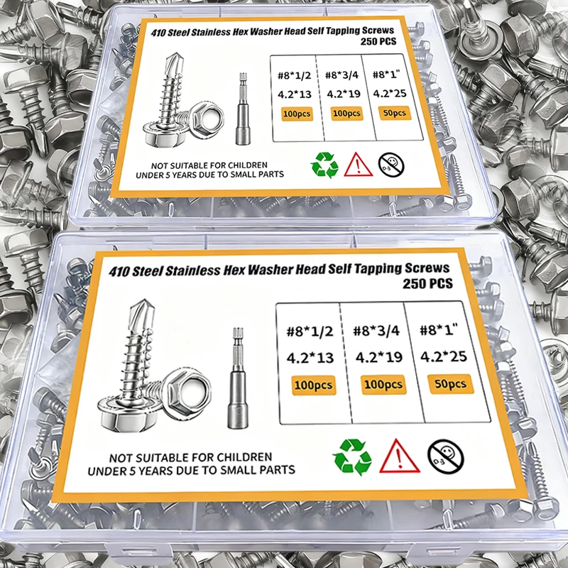 

250pcs Metal Self-tapping Screws Stainless Steel Round Phillips Washer Flat Head Self Drilling Screw Fasteners for Woodworking