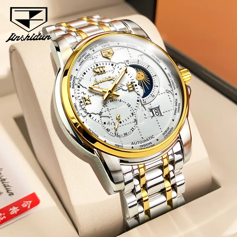 ساعة ميكانيكية أوتوماتيكية فاخرة للرجال JSDUN ، متعددة الوظائف ، مرحلة القمر ، مقاومة للماء من الفولاذ المقاوم للصدأ ، التاريخ ،