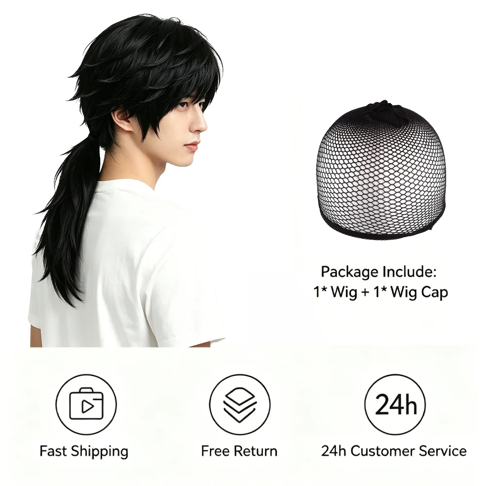 Unisex Tomioka Giyuu Cosplay Wig 65cm Black Spiky Layered Ponytail Heat Resistant Soft Synthetic Hair For Anime Halloween Party