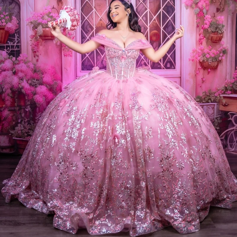 

Розовые блестящие платья Quinceanera с открытыми плечами и блестками, аппликация, цветок, бисер, кристалл, тюль, вечерние, день рождения, сладкое платье 16, Vestid