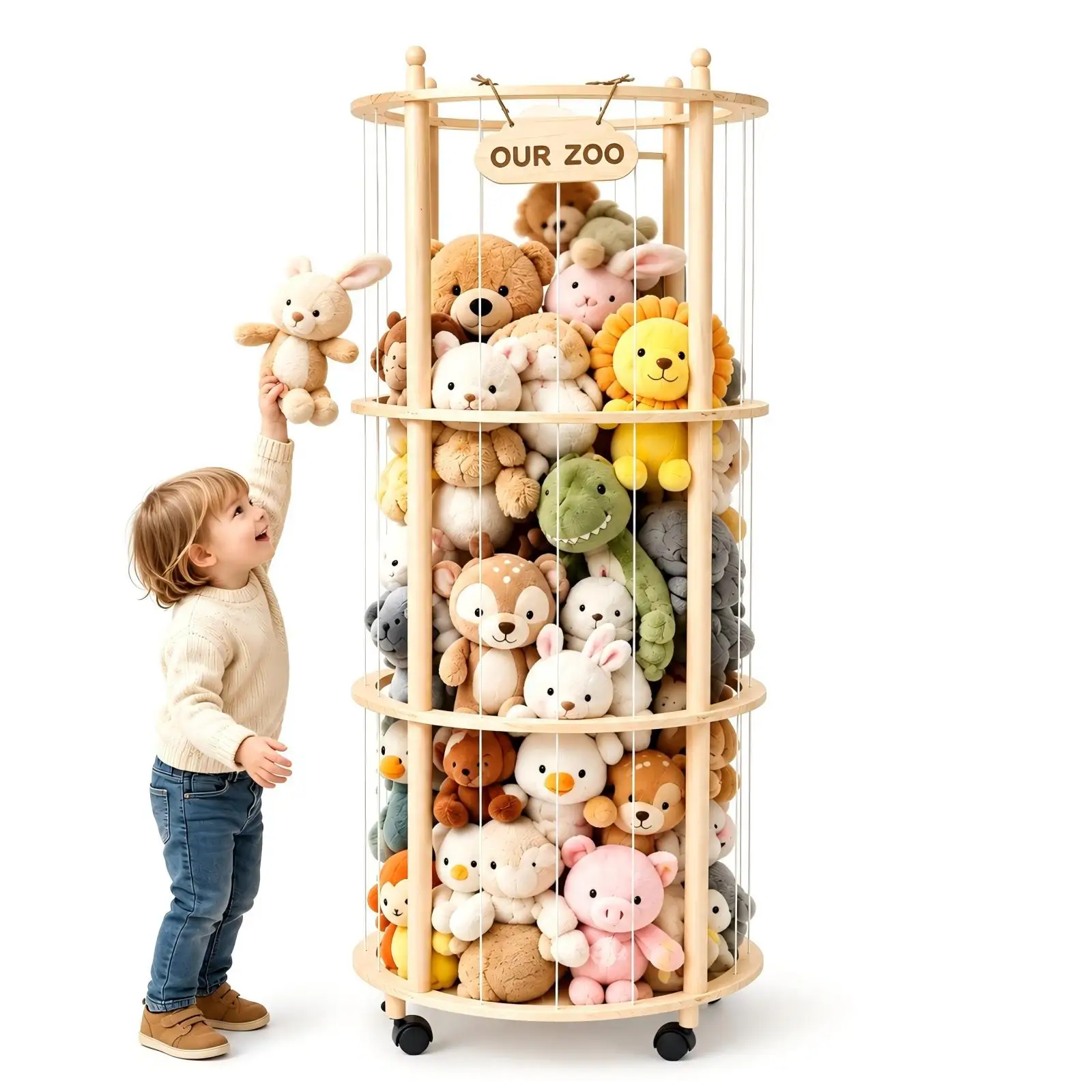 Torre portaoggetti in legno a forma di cilindro, ideale per riporre peluche, con ruote bloccabili, corde elastiche resistenti e grande capacità, perfetta come organizzatore di peluche per la camera da