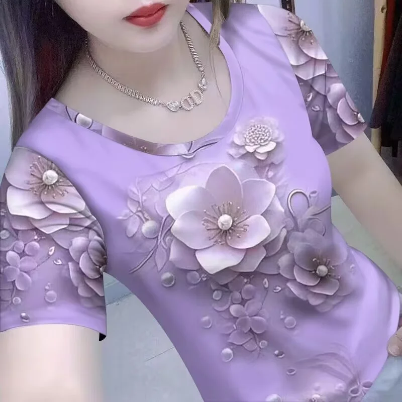 Summer New Style Women's Short Sleeve T-shirt Printed High-end Label Removed Belly Covering Fashionable Casual Fit Polyester ...