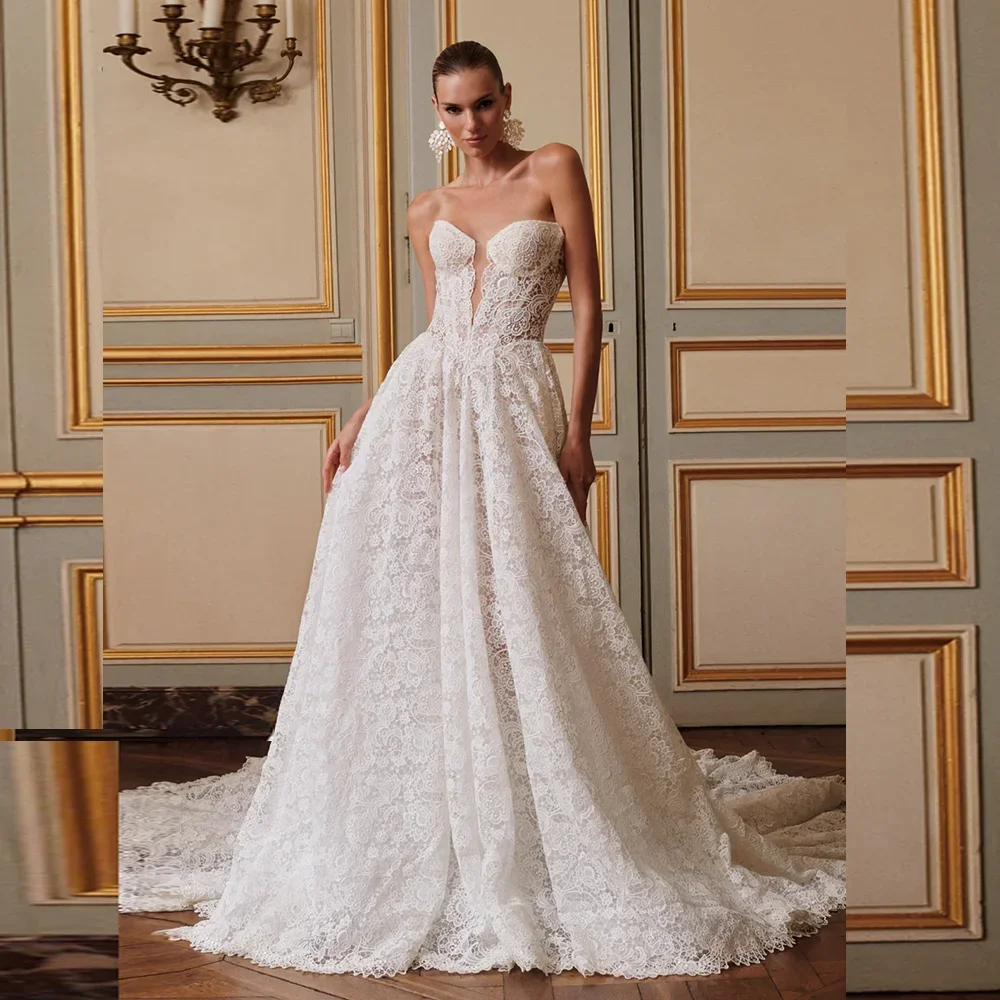 Sexy Sweetheart Off Shoulder Lace Wedding Dress A-line spaghetti strap Bride Dress Detachable Long Sleeve Customization