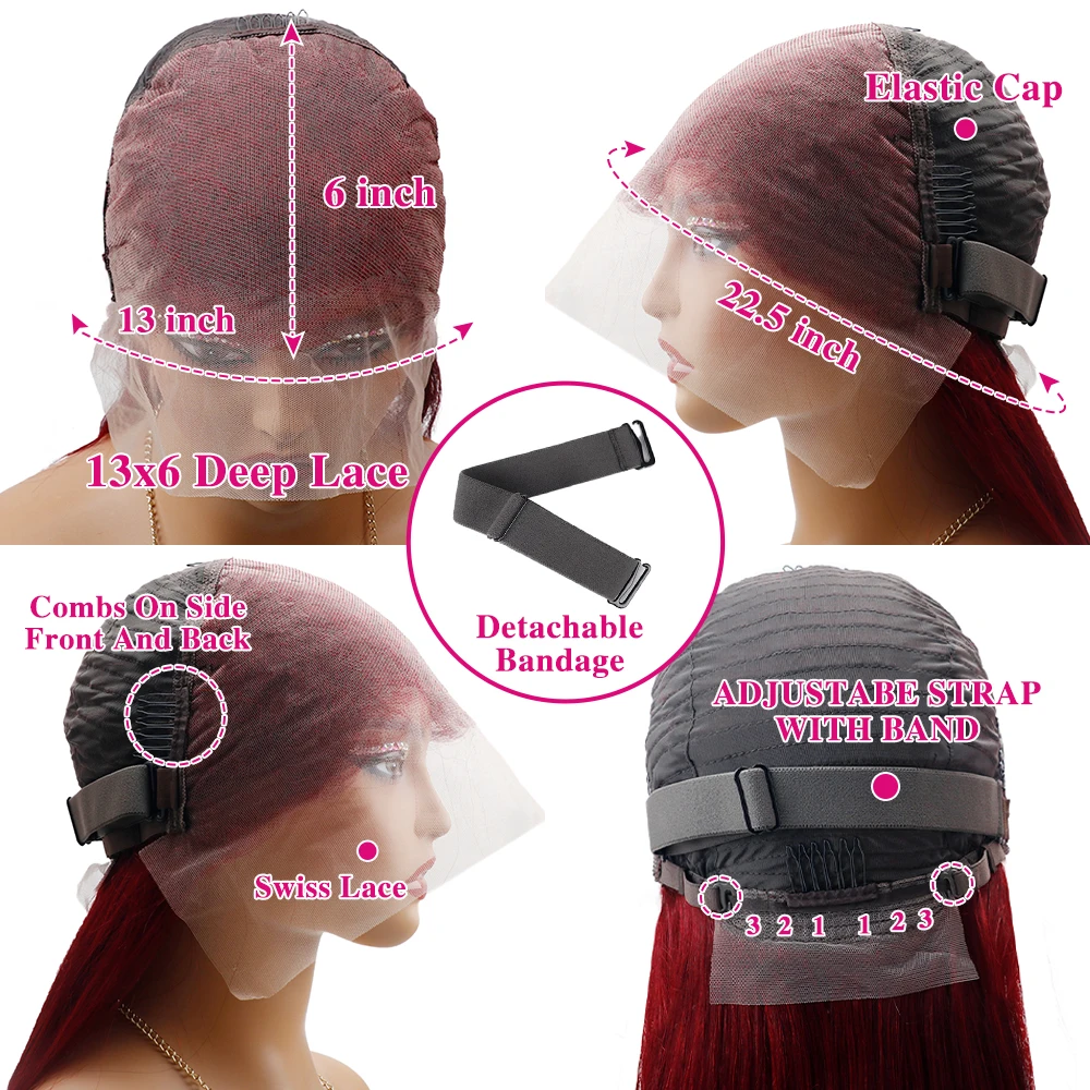 220 Density 40 46 Inches 13x4 Lace Frontal Wig 99J Burgundy Pre plucked Red Colored Bone Straight Wig 13x6 HD Transparent Lace Front Human Hair Wigs 13x4 Lace Frontal Wig 99J Burgundy Preplucked Red Colored Bone Straight Wig view 8