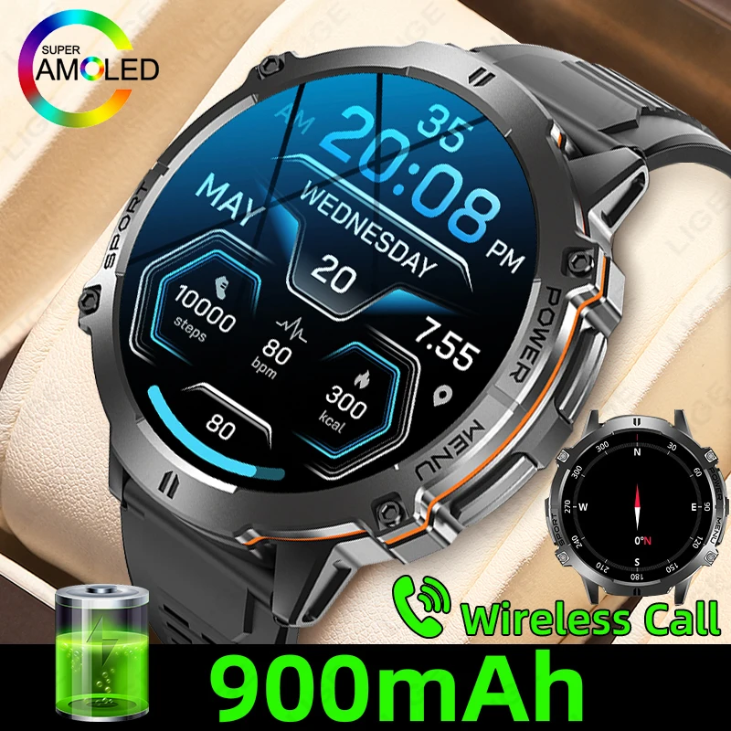 

Men Military Sport Smart Watch 1.73inch AMOLED 466*466 HD Display Smartwatch 900mAh BT Call Waterproof Fitness Compass Watch Man